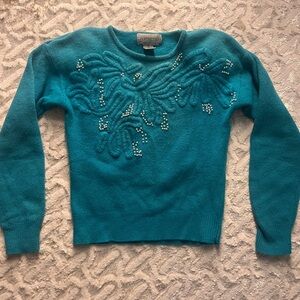 Angora and lambswool Lauren Cole Turquoise teal Beaded Sweater